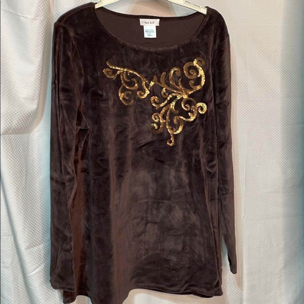 Kate Hill xl generous brown beaded comfy top NWT
